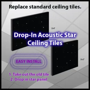 Two 2x2 black with stars, fiber optic star ceiling panels. Purple words saying Easy Install