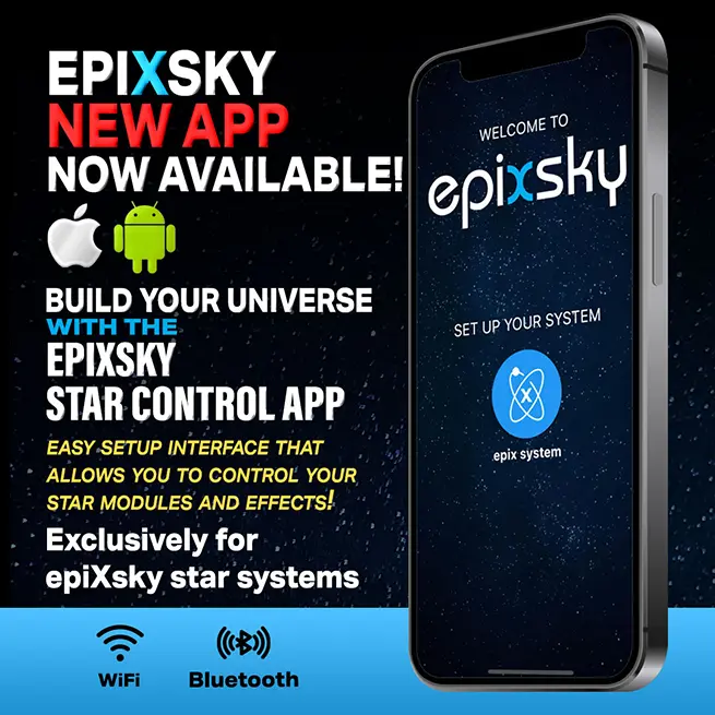 ad for epixsky app. photo of a phone showing apple and android app icons. black background