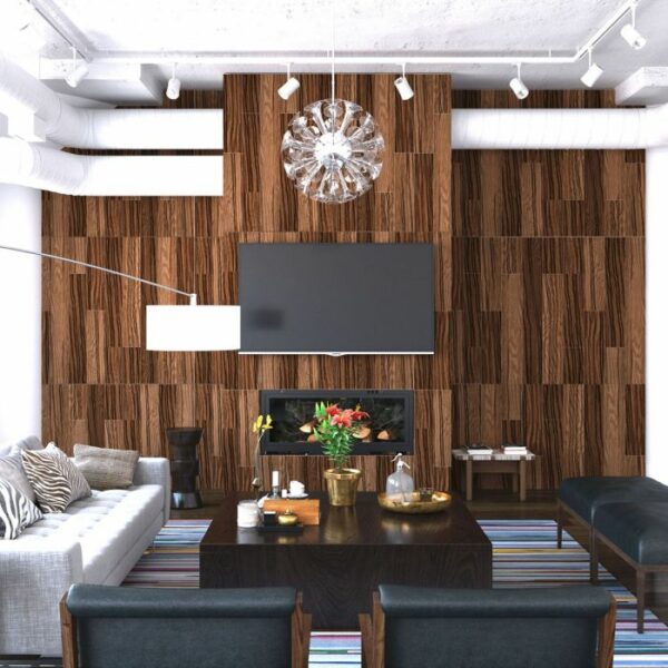 Acoustic Wood Planks and furniture with a tv on the wall